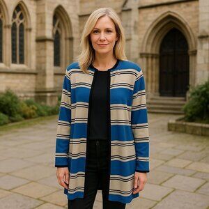 Vintage Exclusively Misook Blue and Ivory Stripe Slinky Cardigan Old Money M